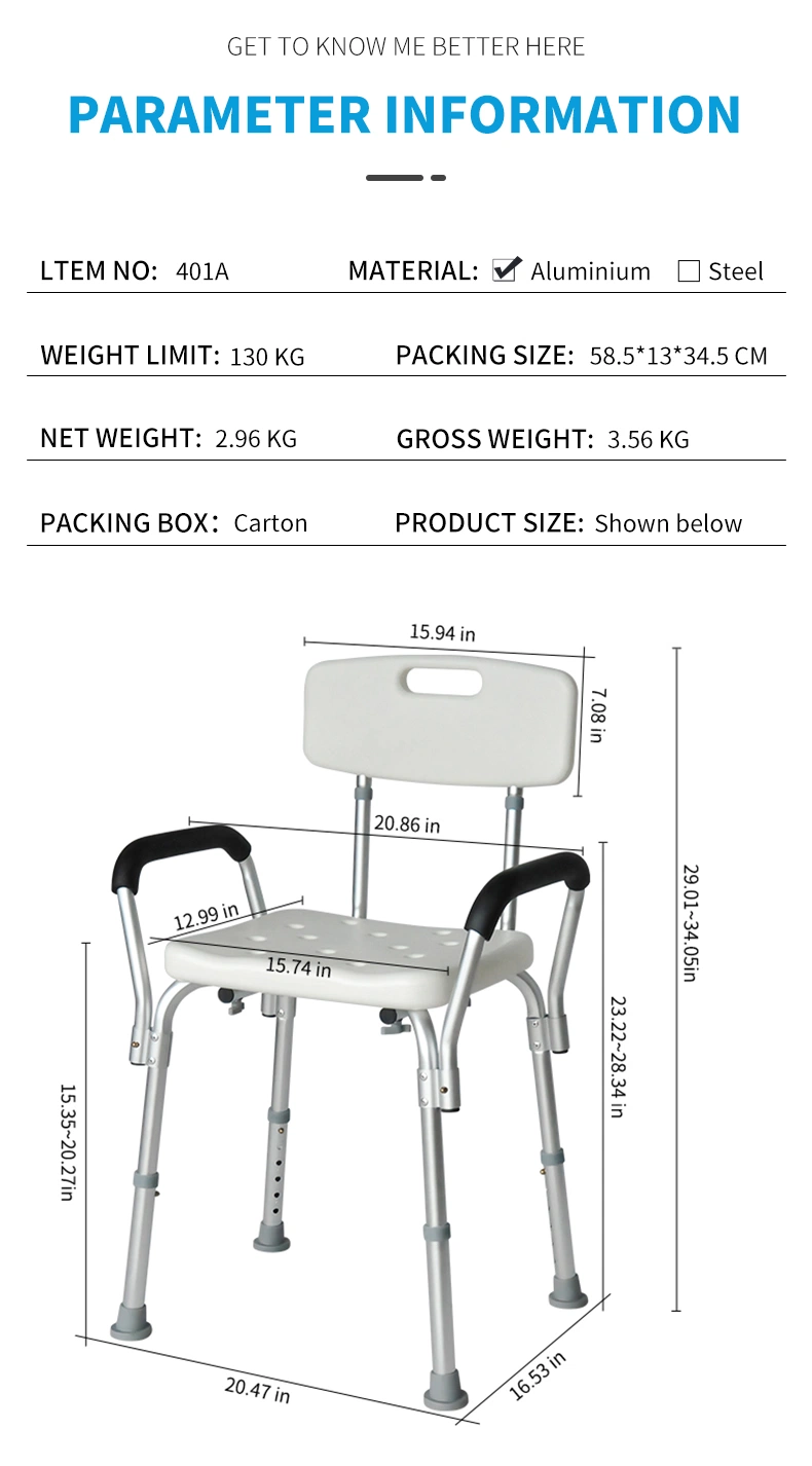 High Quality Lightweight Aluminum Height Adjustable Disable Bath Shower Chairs with Backrest